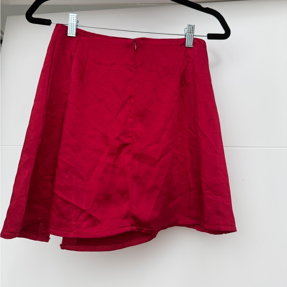 Red Satin Mini Skirt High Waist Front Slit Club Skirt | Size S - Picture 5 of 7